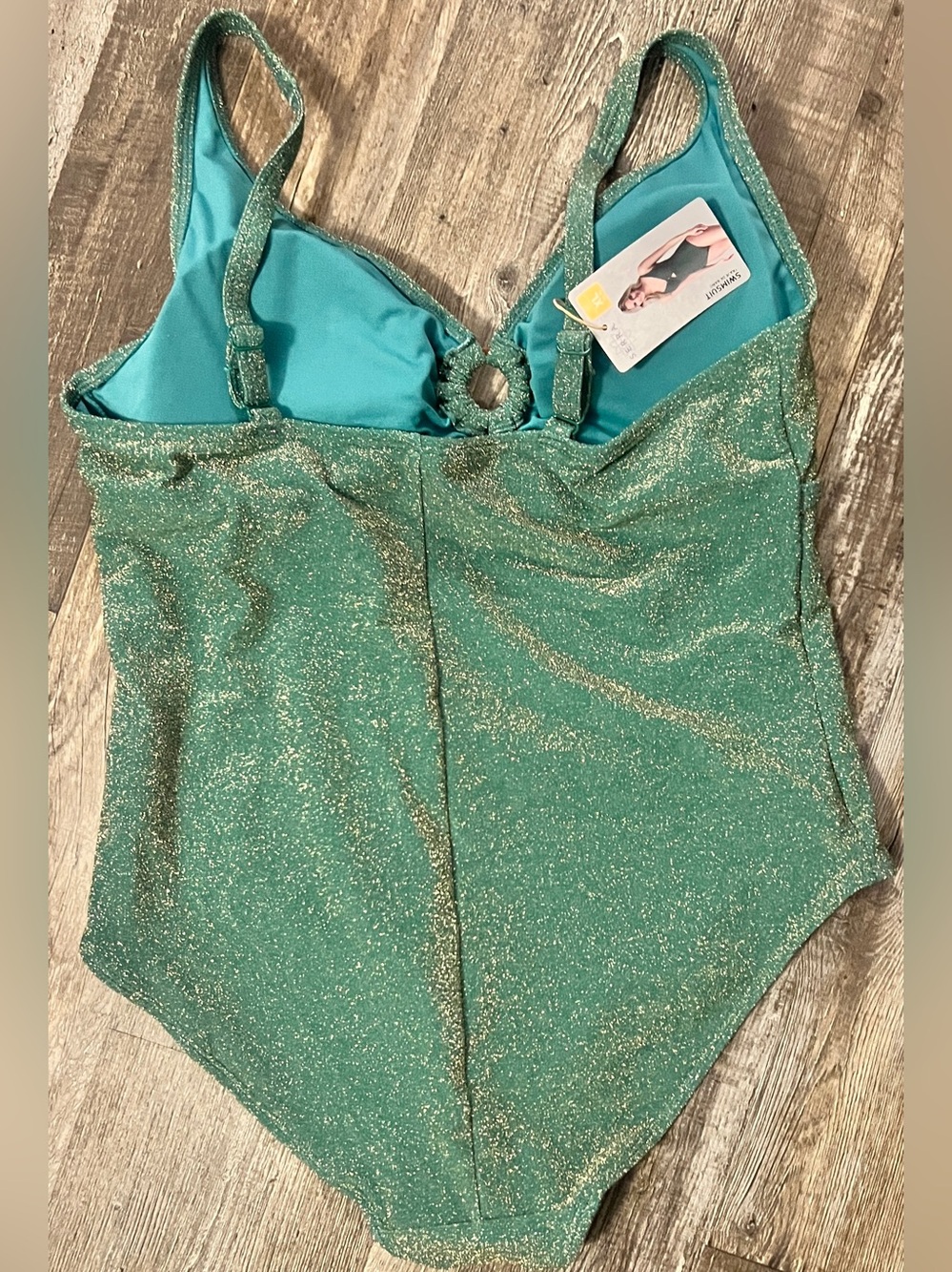 Women’s Front Knot Cut- Out One Piece Swimsuit 16/18 Green Metallic Shimmer - Picture 2 of 7